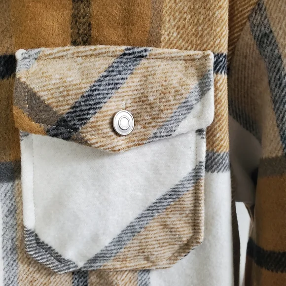 NEW Cozy Retro 70's Flannel Plaid Shacket Top Jacket Brown Tan White Gray - Picture 10 of 14